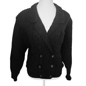 Vintage Donagain Black Knit Sweater Womens Medium Button Up Collared V Neck